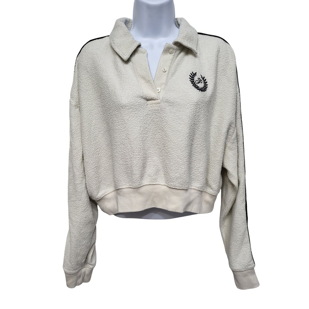 PINK Victoria's Secret Fleece Cropped Polo Pullover Cream Stripe Medium‎ 0723